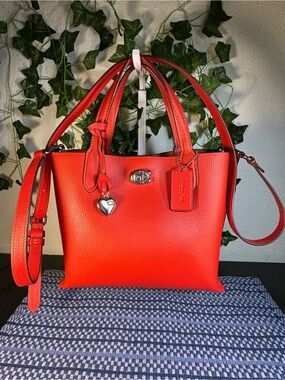 Coach Willow Tote 24 in Sport Red with Silver Heart Charm